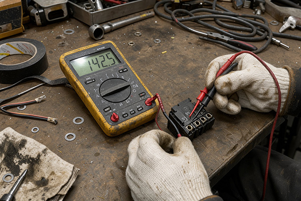 Multimeter testing truck relay terminals 30 85 86 87 for coil resistance and contact continuity truck relay terminal check with multimeter